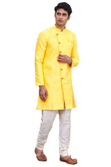 Men's Yellow Brocade Silk Embroidered Full Sleeve Sherwani Set
