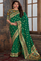 Buy Banarasi Art Silk Zari Woven Saree in Dark Green Online