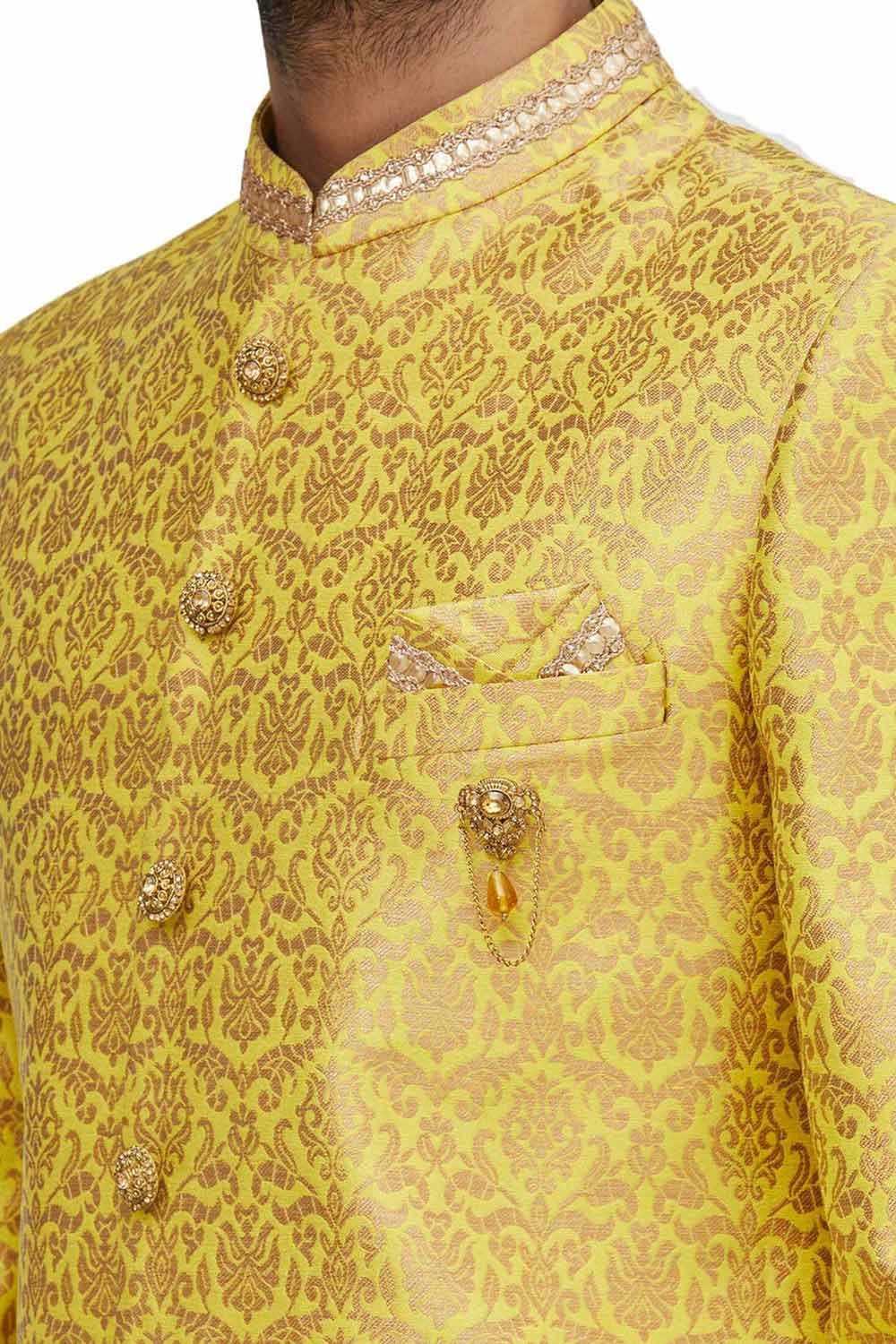 Men's Yellow Brocade Silk Embroidered Full Sleeve Sherwani Set