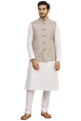 Men's Grey Art Silk Solid Kurta Pajama Jacket Set