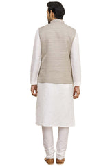 Men's Grey Art Silk Solid Kurta Pajama Jacket Set