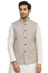 Men's Grey Art Silk Solid Kurta Pajama Jacket Set