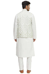 Men's White Silk Embroidered Kurta Pajama Jacket Set