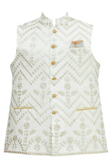 Men's White Silk Embroidered Kurta Pajama Jacket Set