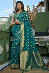 Blue Organza Zari Saree