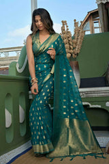 Blue Organza Zari Saree