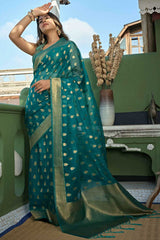 Blue Organza Zari Saree