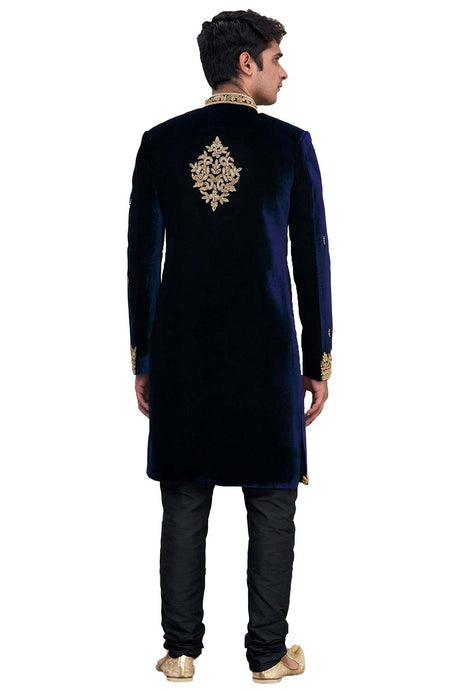 Men's Navy Blue Suiting Embroidered Full Sleeve Sherwani Set