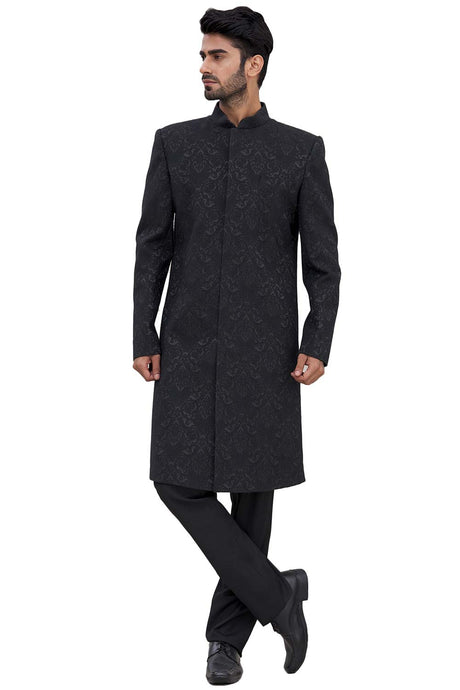 Men's Black Suiting Embroidered Full Sleeve Sherwani Set
