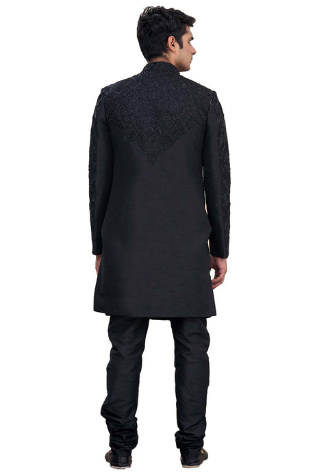 Men's Black Silk Embroidered Full Sleeve Sherwani Set