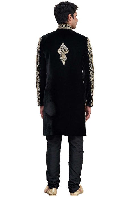 Men's Black Silk Embroidered Full Sleeve Sherwani Set