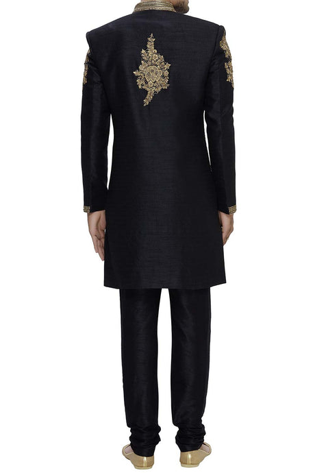 Men's Black Silk Embroidered Full Sleeve Sherwani Set