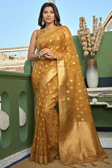 Mustard Organza Zari Saree