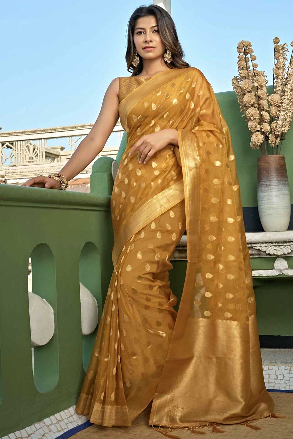 Mustard Organza Zari Saree