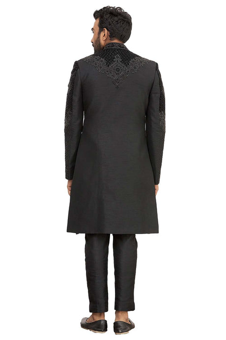 Men's Black Silk Embroidered Full Sleeve Sherwani Set