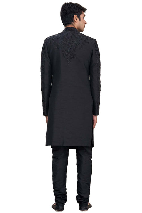 Men's Black Silk Embroidered Full Sleeve Sherwani Set