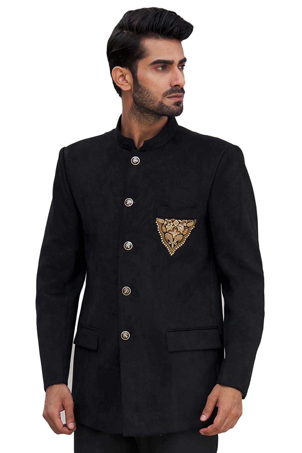 Black Dupion Silk Hand Embroidered Jodhpuri Jacket