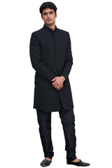 Men's Black Silk Embroidered Full Sleeve Sherwani Set