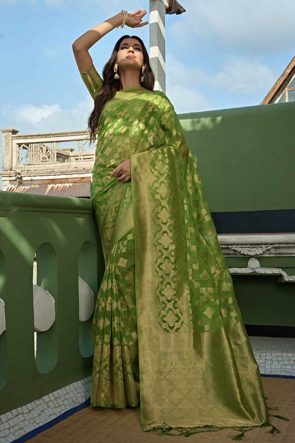 Light Green Organza Zari Saree