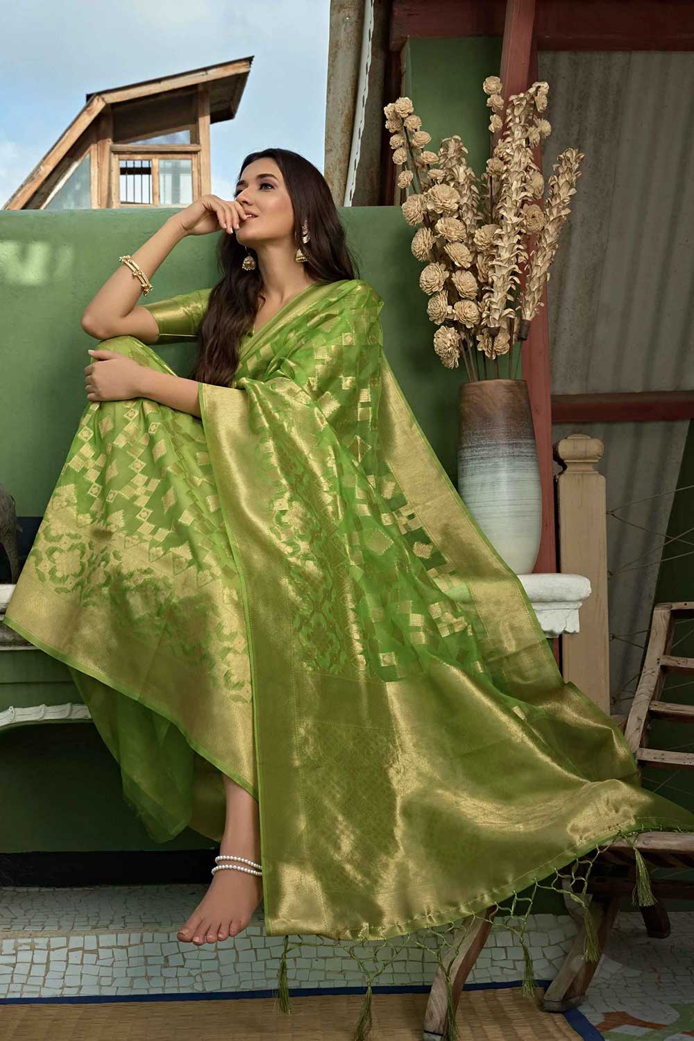 Light Green Organza Zari Saree