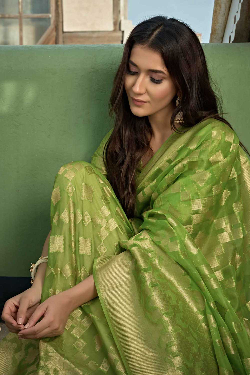 Light Green Organza Zari Saree