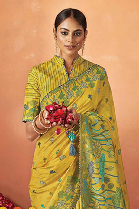 Yellow Tusser Silk Floral Thread Embroidered Saree