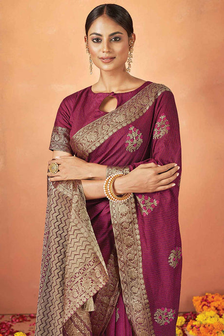 Maroon Tusser Silk Stone Work Saree