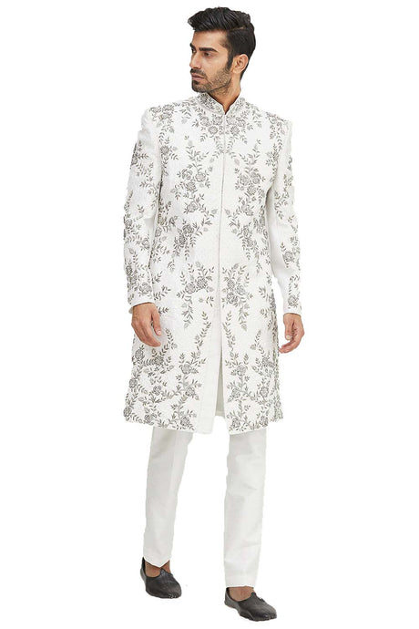 Men's Cream Silk Embroidered Full Sleeve Sherwani Set