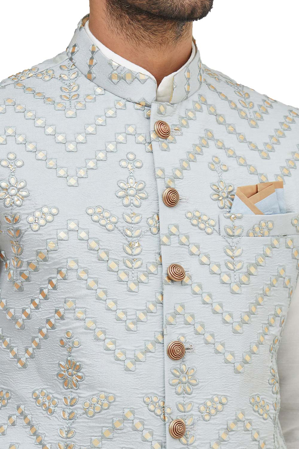 Men's Sky Blue Art Silk Embroidered Kurta Pajama Jacket Set