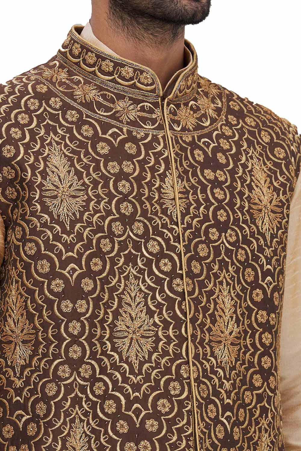 Men's Brown Art Silk Embroidered Kurta Pajama Jacket Set