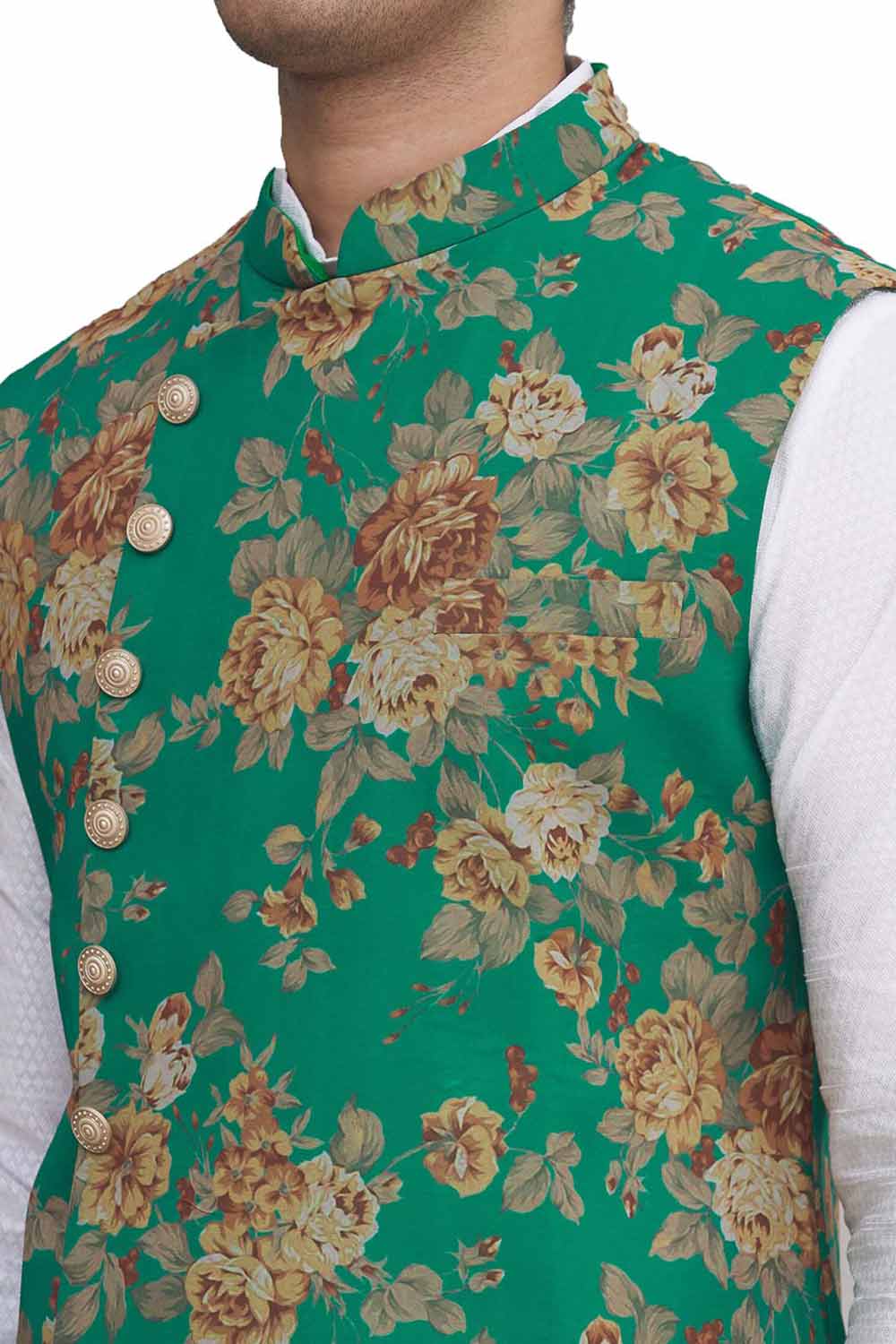 Men's Green Art Silk Embroidered Kurta Pajama Jacket Set