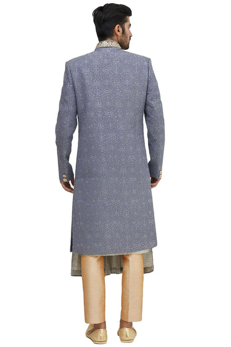 Men's Grey Silk Embroidered Full Sleeve Sherwani Set