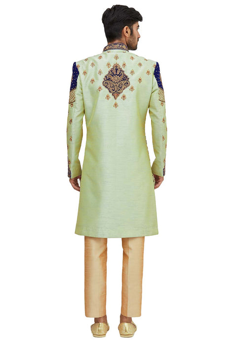 Men's Pista Green Silk Embroidered Full Sleeve Sherwani Set