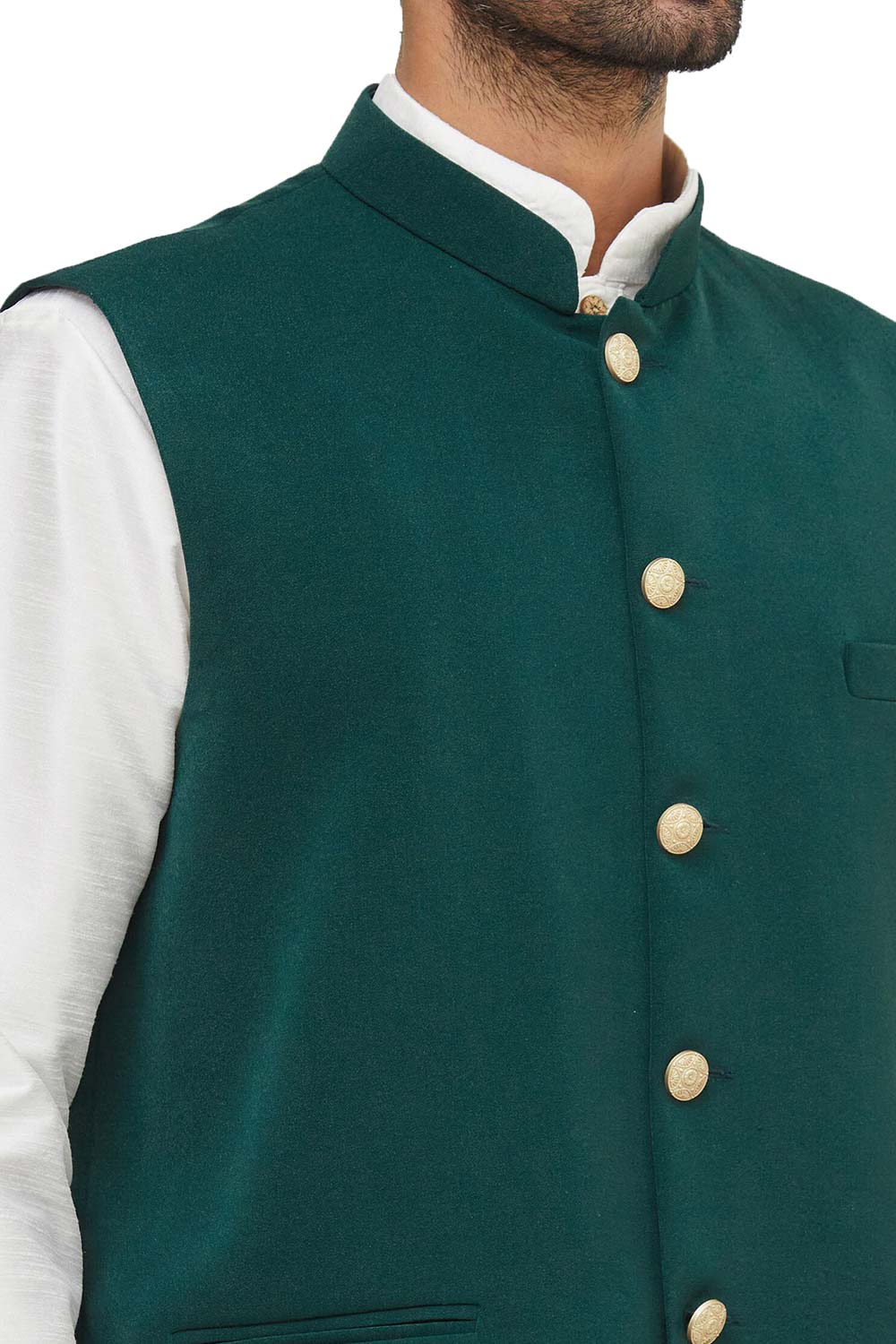 Men's Green Art Silk Solid Kurta Pajama Jacket Set