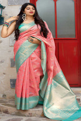 Buy Banarasi Art Silk Zari Woven Saree in Light Pink - Back