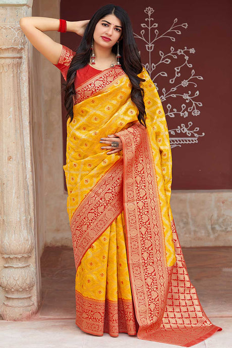 Buy Banarasi Art Silk Zari Woven Saree in Yellow - Back