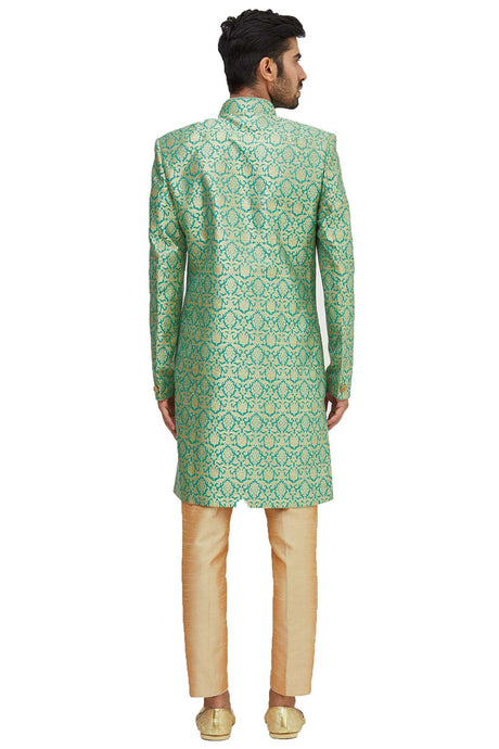 Men's Green Brocade Silk Embroidered Full Sleeve Sherwani Set