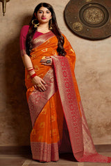 Buy Banarasi Art Silk Zari Woven Saree in Orange - Back