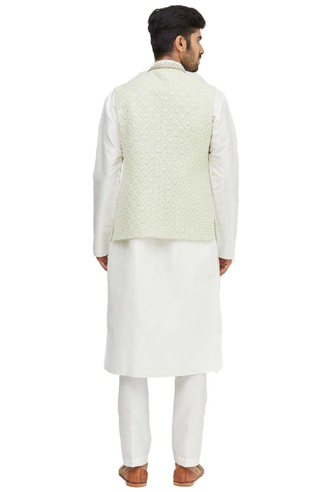 Men's Off-White Art Silk Embroidered Kurta Pajama Jacket Set
