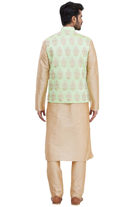 Buy Buy Men's Pista Green Art Silk Embroidered Kurta Pajama Jacket