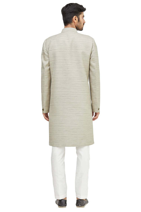 Men's Grey Suiting Embroidered Full Sleeve Sherwani Set
