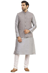 Men's Grey Art Silk Solid Kurta Pajama Jacket Set