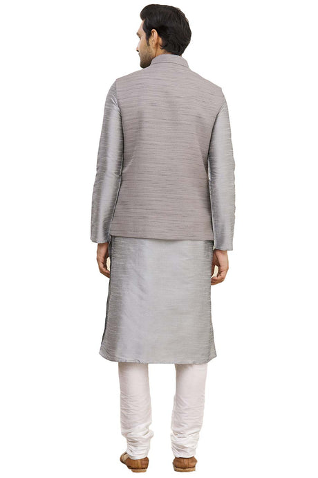 Men's Grey Art Silk Solid Kurta Pajama Jacket Set