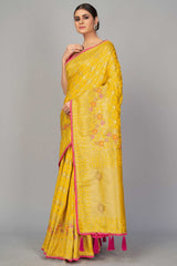 Buy Art Silk Woven Saree in Yellow - Back