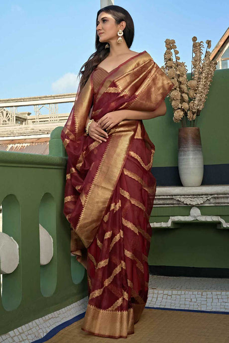 Maroon Organza Zari Saree