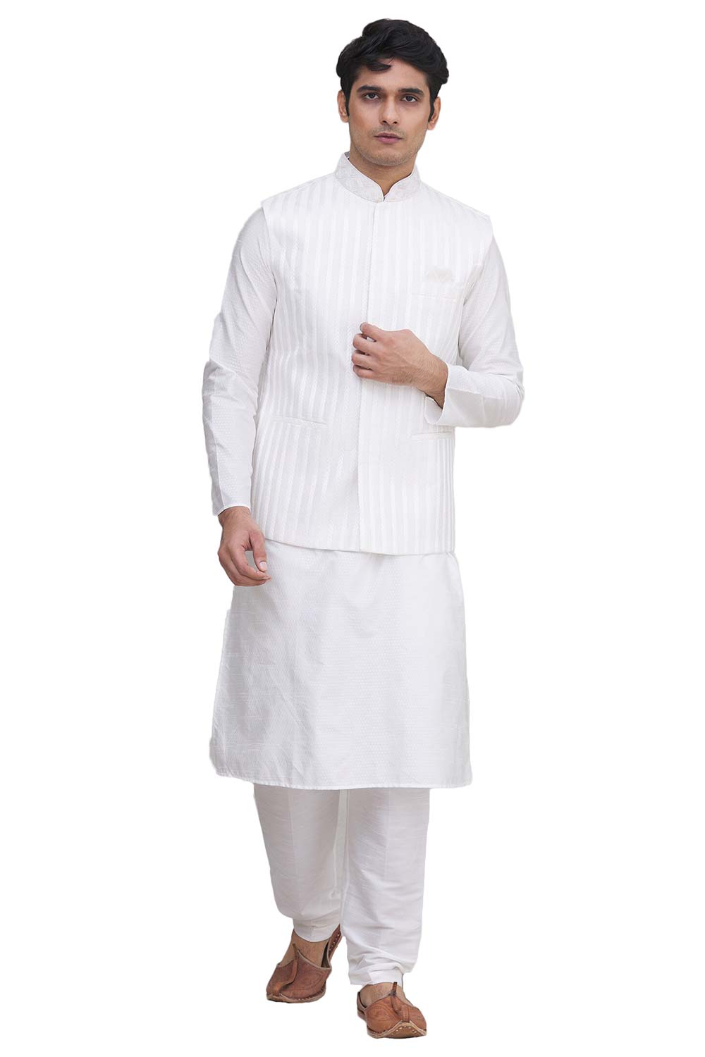 Men's White Art Silk Embroidered Kurta Pajama Jacket Set