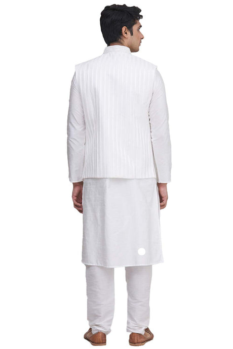 Men's White Art Silk Embroidered Kurta Pajama Jacket Set