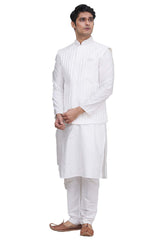 Men's White Art Silk Embroidered Kurta Pajama Jacket Set