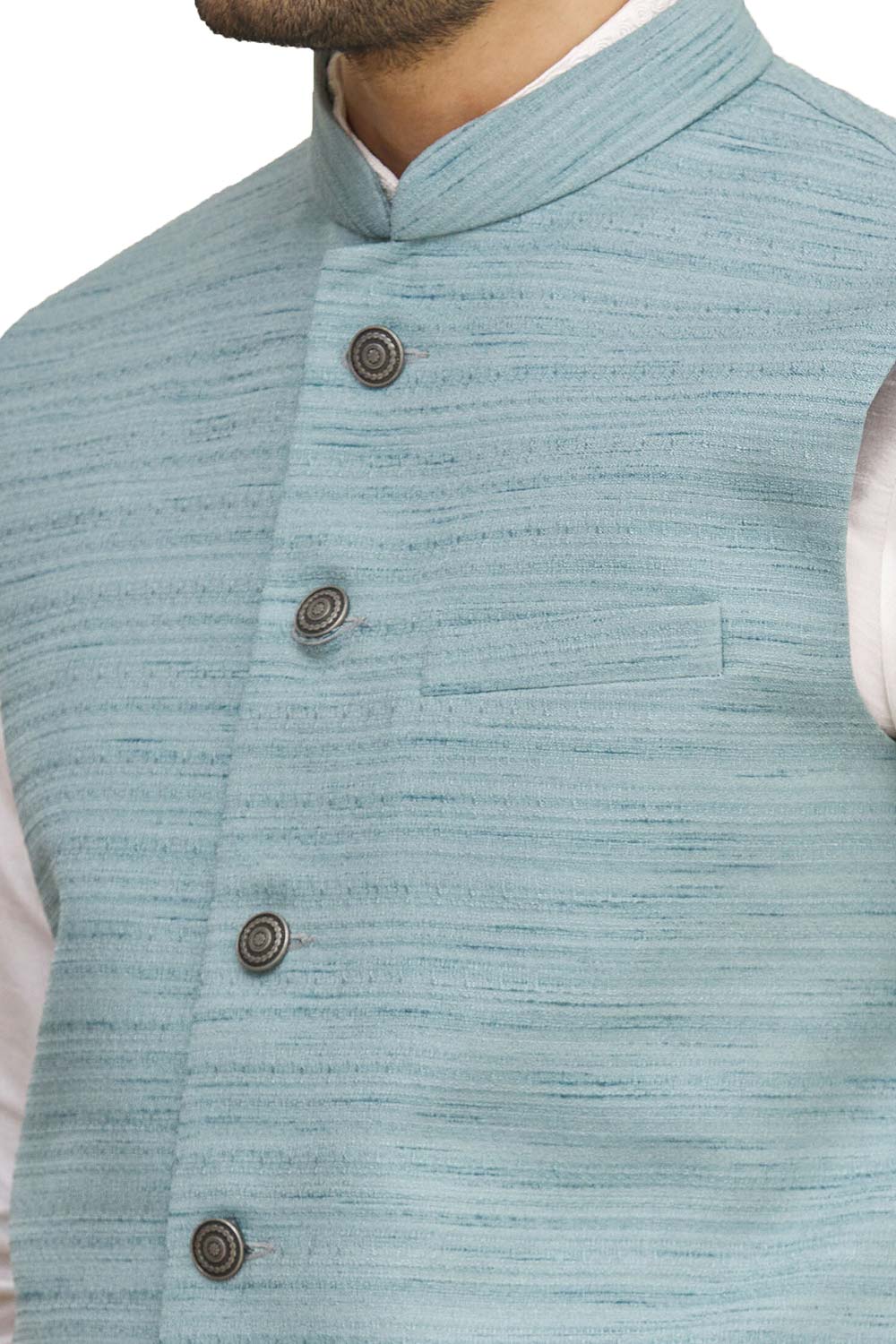 Men's Teal Blue Art Silk Solid Kurta Pajama Jacket Set