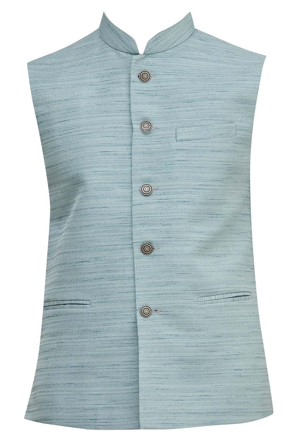 Men's Teal Blue Art Silk Solid Kurta Pajama Jacket Set